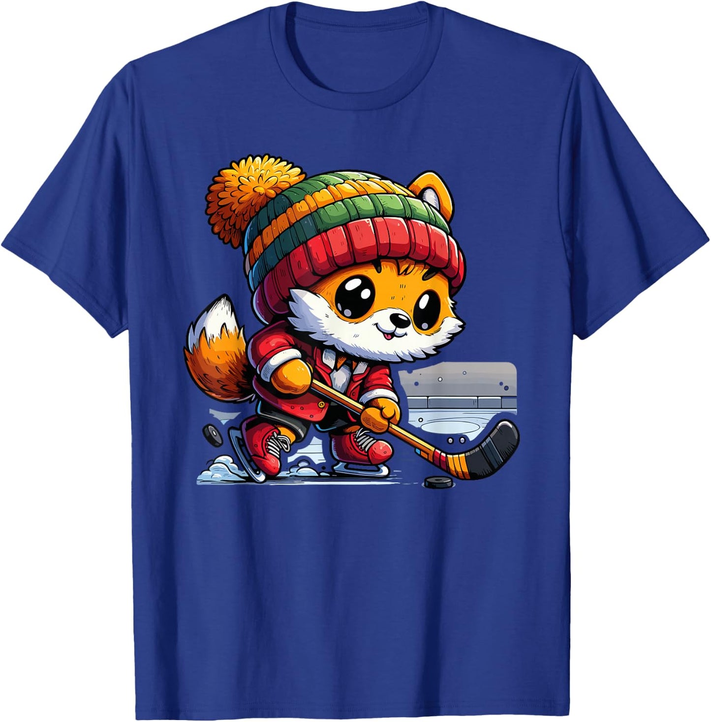 Cute Fox Playing Ice Hockey Skating Winter Sports Player T-Shirt - T-Shirt | Royal