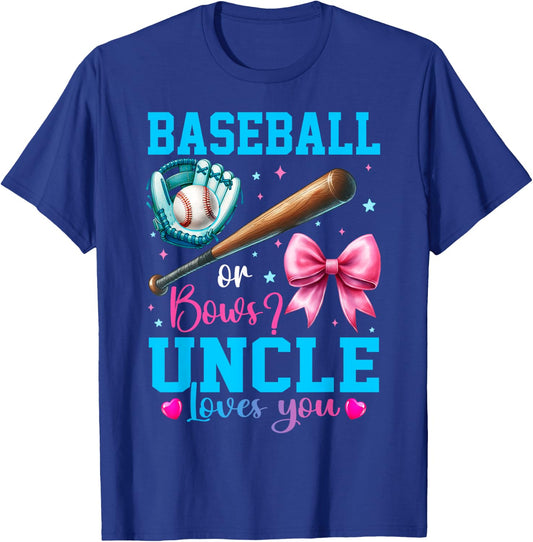 Baseball or Bows Uncle Loves You Gender Reveal Baby Party T-Shirt - T-Shirt | Royal