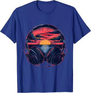 Headphones Music DJ Artwork Beatmaker House Music Sunset T-Shirt - T-Shirt | Royal