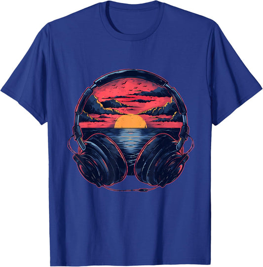 Headphones Music DJ Artwork Beatmaker House Music Sunset T-Shirt - T-Shirt | Royal