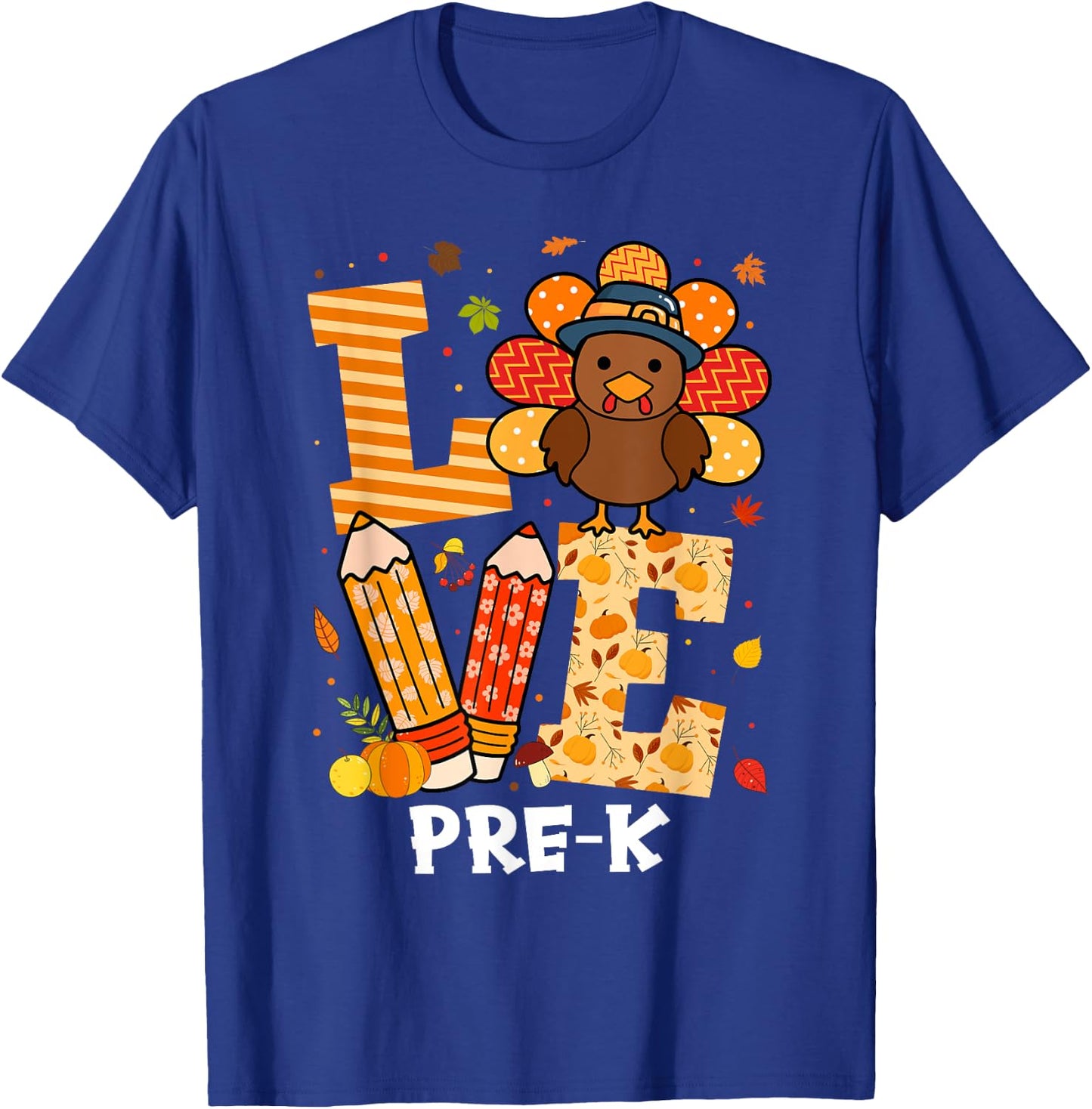 Thanksgiving Love Pre-K Teacher Turkey Autumn Fall Women Girls Kids T-Shirt - T-Shirt | Royal