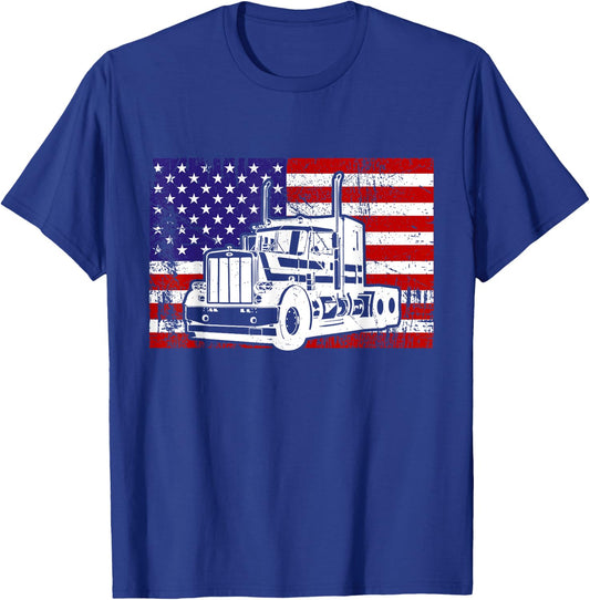 Us American Flag Semi Truck Driver 18 Wheeler Trucker T-Shirt - T-Shirt | Royal