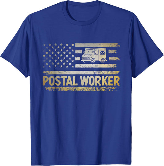 USA Flag Patriotic Postal Worker Mailman Mail Lady Novelty T-Shirt - T-Shirt | Royal