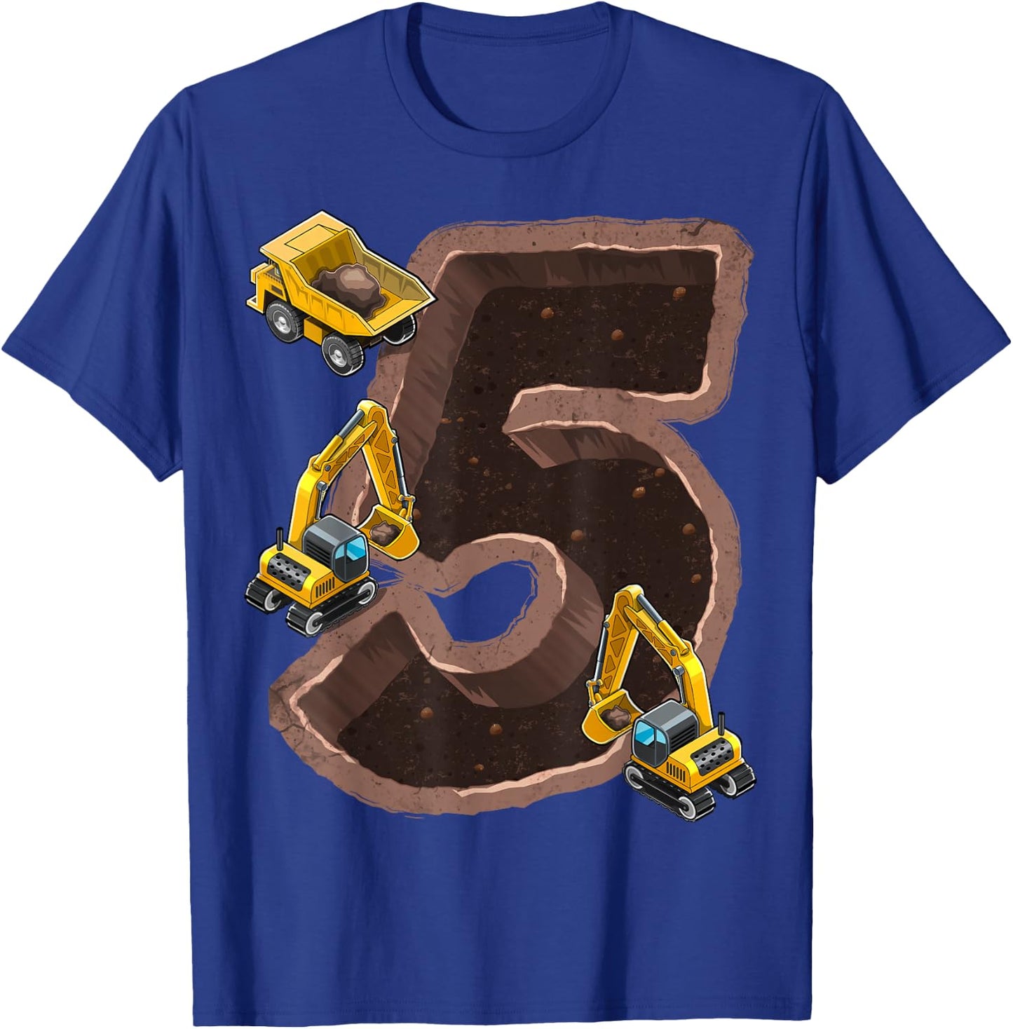 5th Birthday Excavator Construction Vehicles Party Gift Boys T-Shirt - T-Shirt | Royal