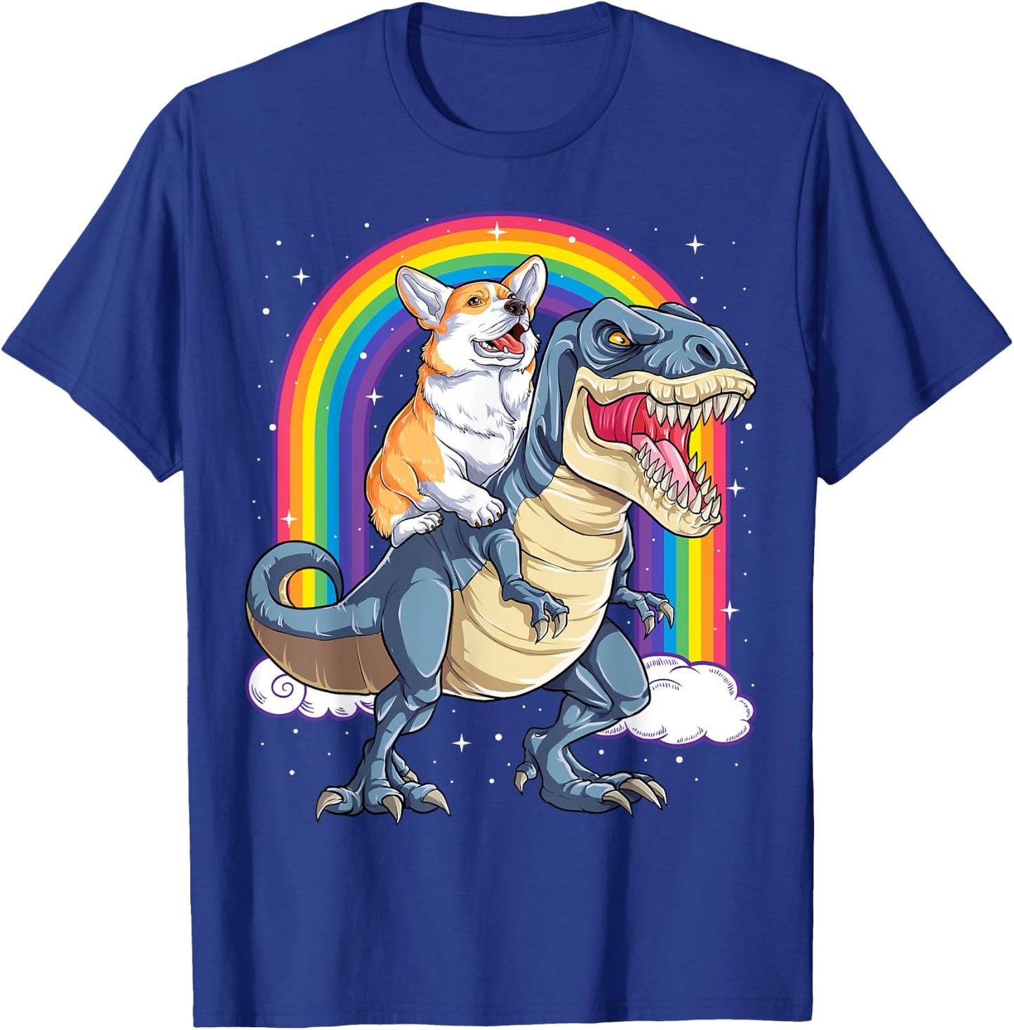 Corgi Riding Dinosaur T-rex Gifts Men Women Rainbow Funny T-Shirt - T-Shirt | Royal