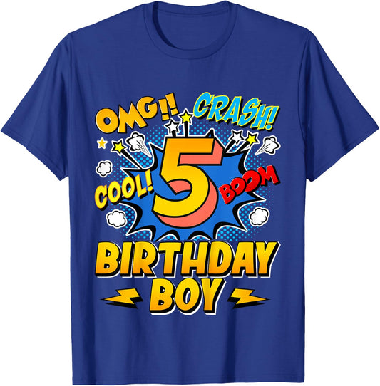 Kids Birthday Boy Comic Style 5 Years Old 5th Birthday Party T-Shirt - T-Shirt | Royal