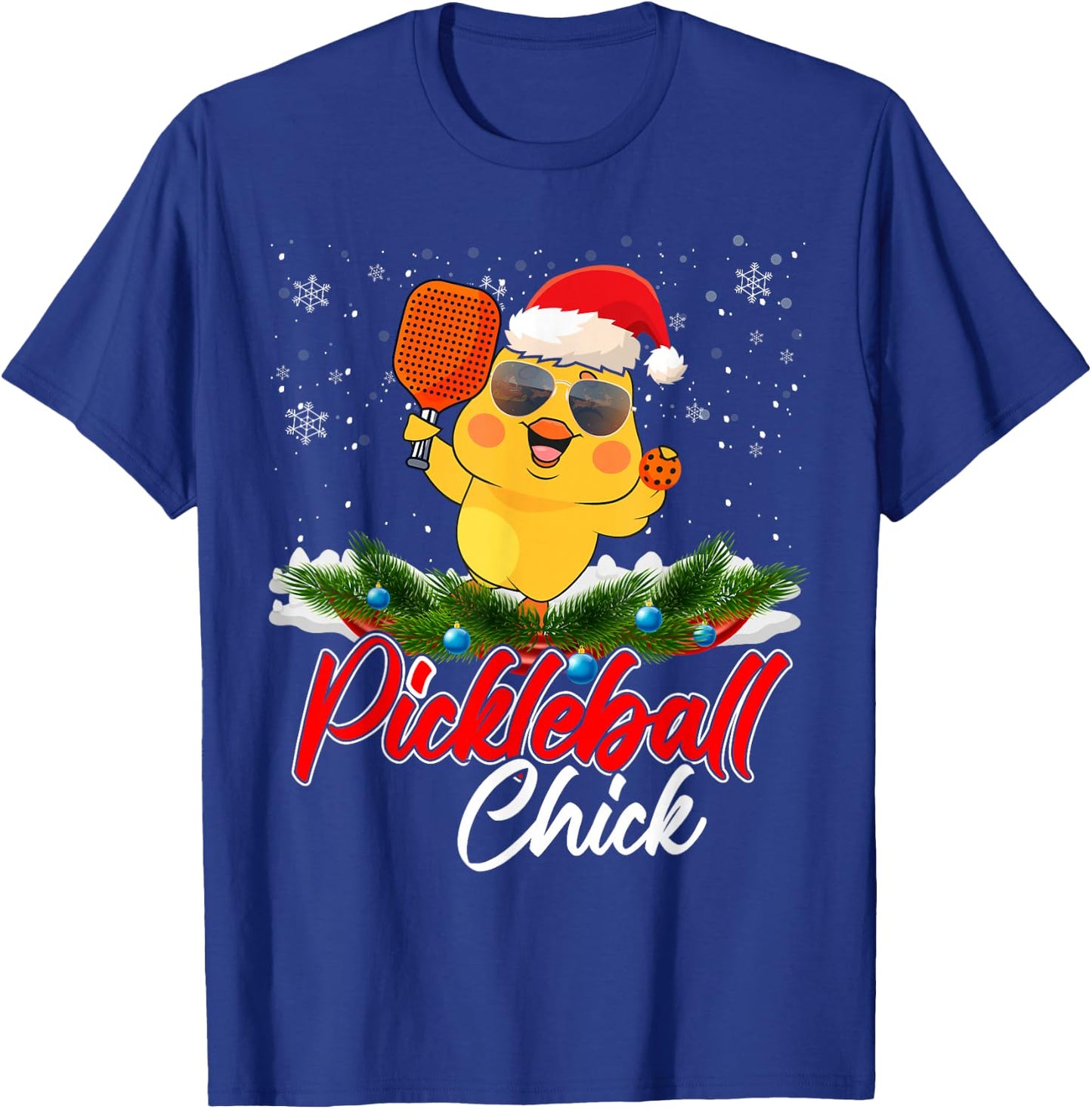 Pickleball Chick Funny Santa Hat Sunglass Snowflakes Xmas T-Shirt - T-Shirt | Royal