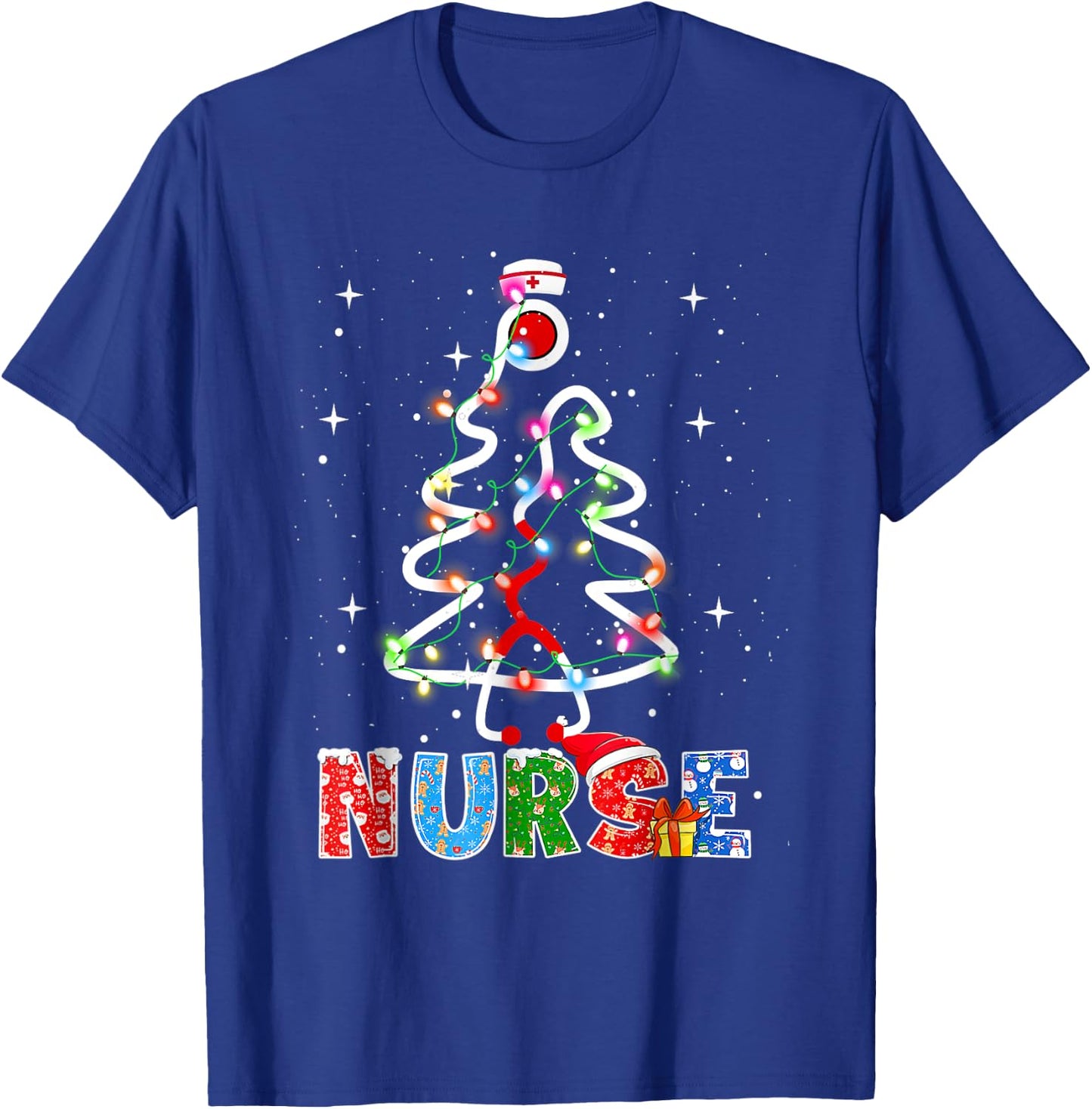 Nurse Christmas Tree Stethoscope RN LPN Scrub Nursing X-mas T-Shirt - T-Shirt | Royal