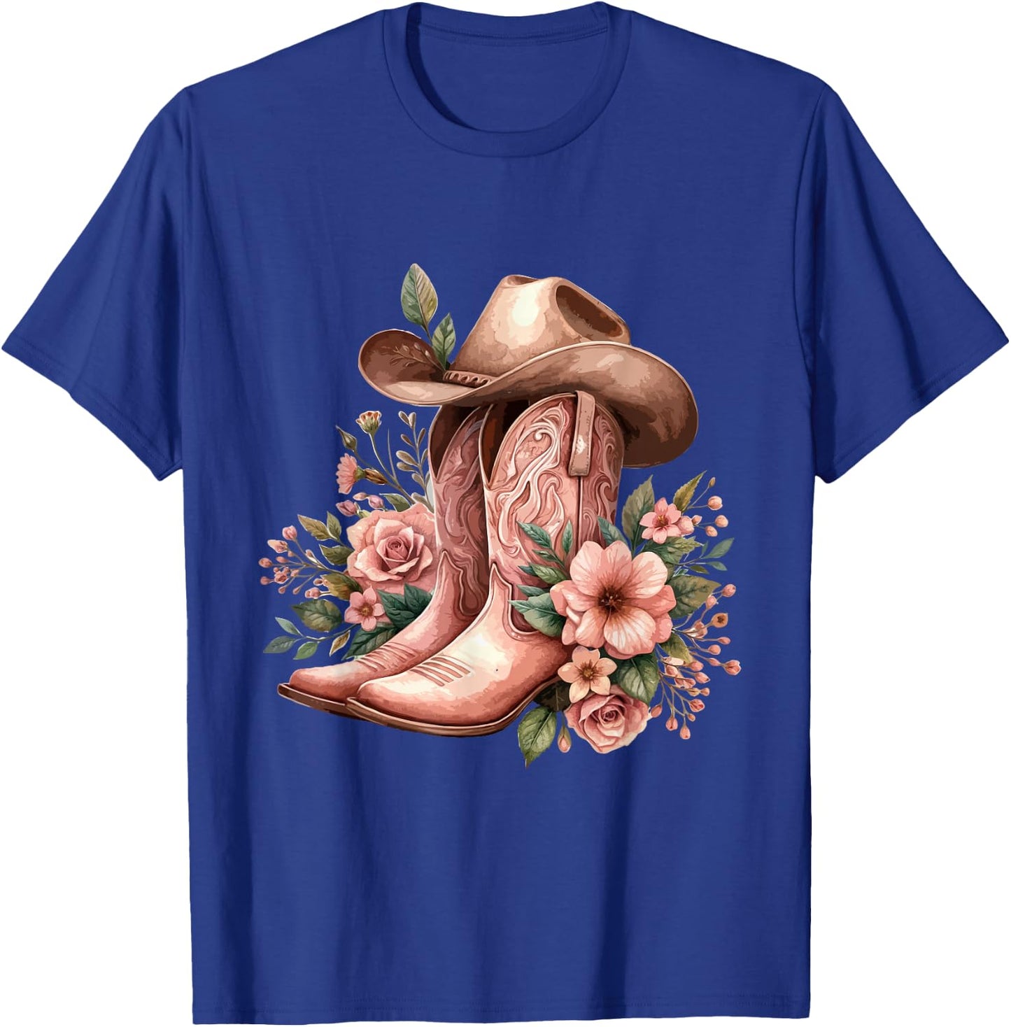 Boho Watercolor Cowgirl Boots Hat Floral Boots Western Boots T-Shirt - T-Shirt | Royal