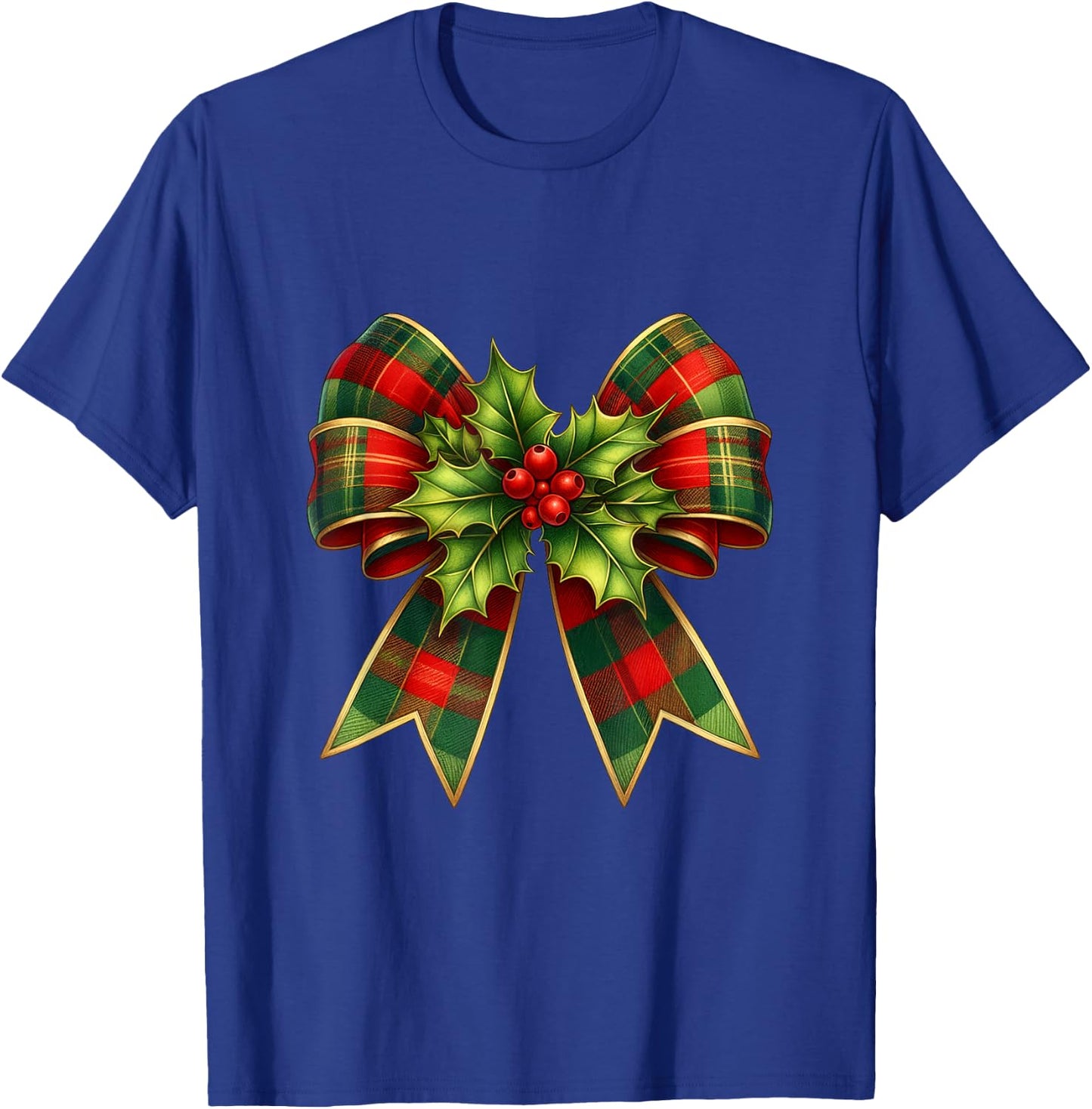 Holly Berries Christmas Coquette Bow Xmas Plaid Women Girls T-Shirt - T-Shirt | Royal