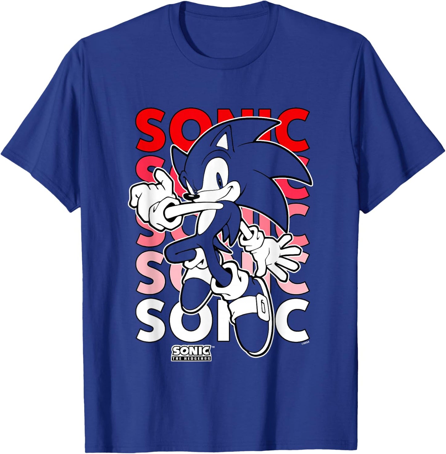 Sonic The Hedgehog Stacked Repeating Name Retro Shot T-Shirt - T-Shirt | Royal