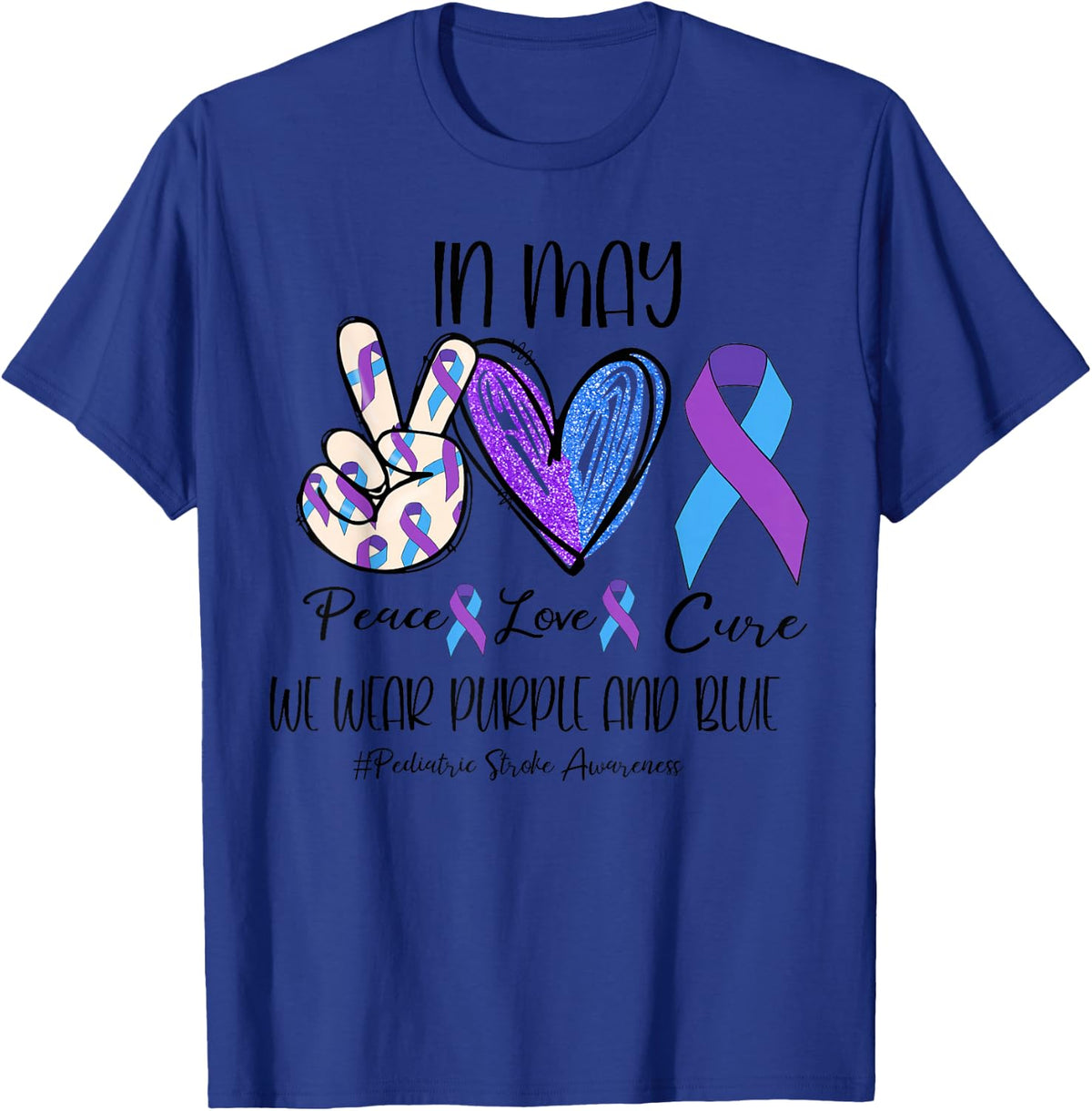 Peace Love Cure Purple and Blue Pediatric Stroke Awareness T-Shirt - T-Shirt | Royal