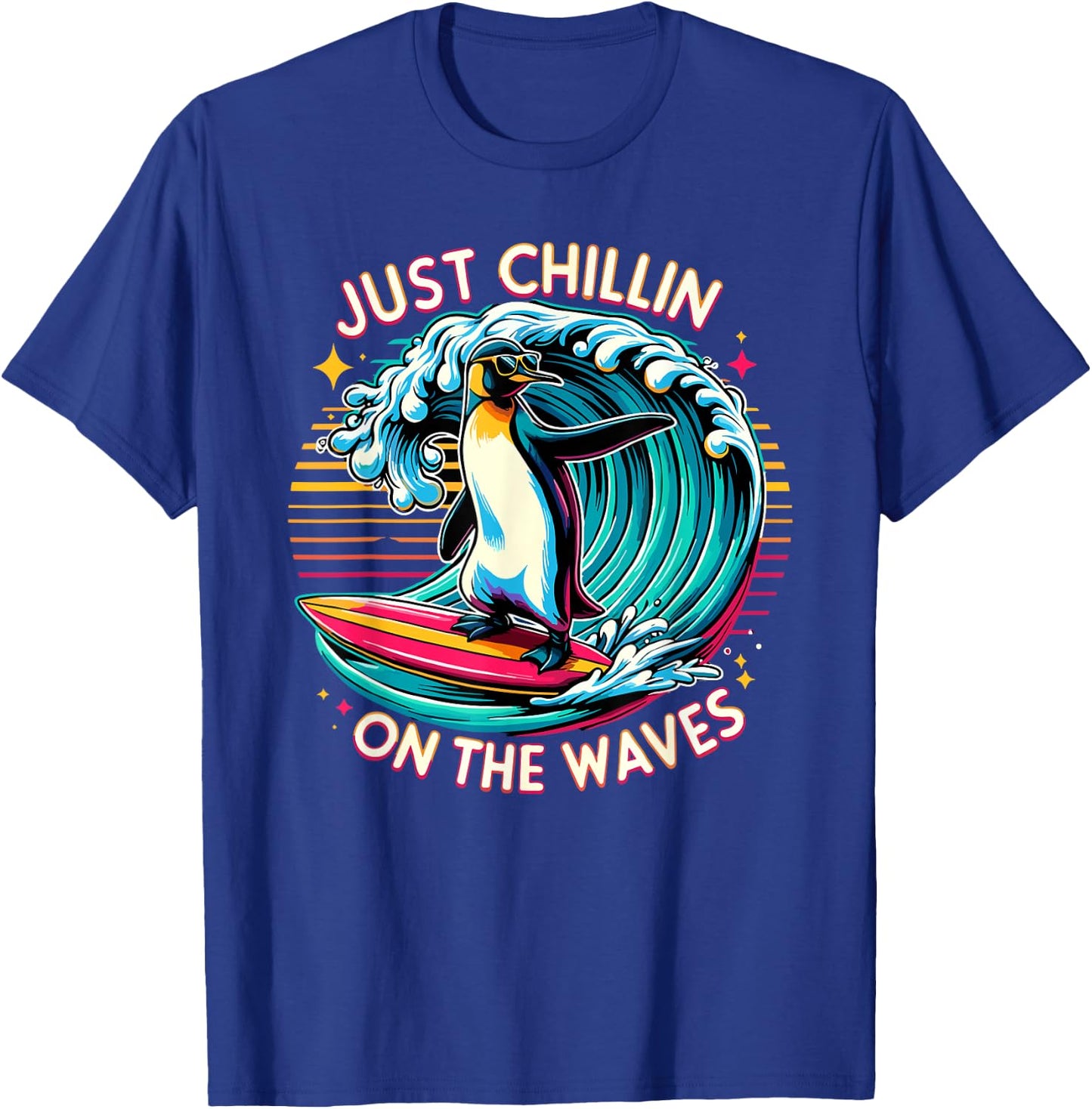 Just Chillin' On The Waves Funny Surfing Penguin Design T-Shirt - T-Shirt | Royal