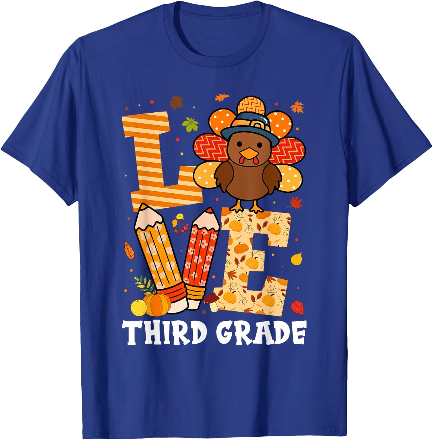 Thanksgiving Love Third Grade Teacher Turkey Autumn Fall Men Women Girls Kids T-Shirt - T-Shirt | Royal
