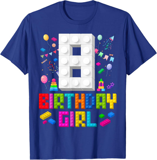 8th Birthday Girl Master Builder 8 Years Old Building Block T-Shirt - T-Shirt | Royal