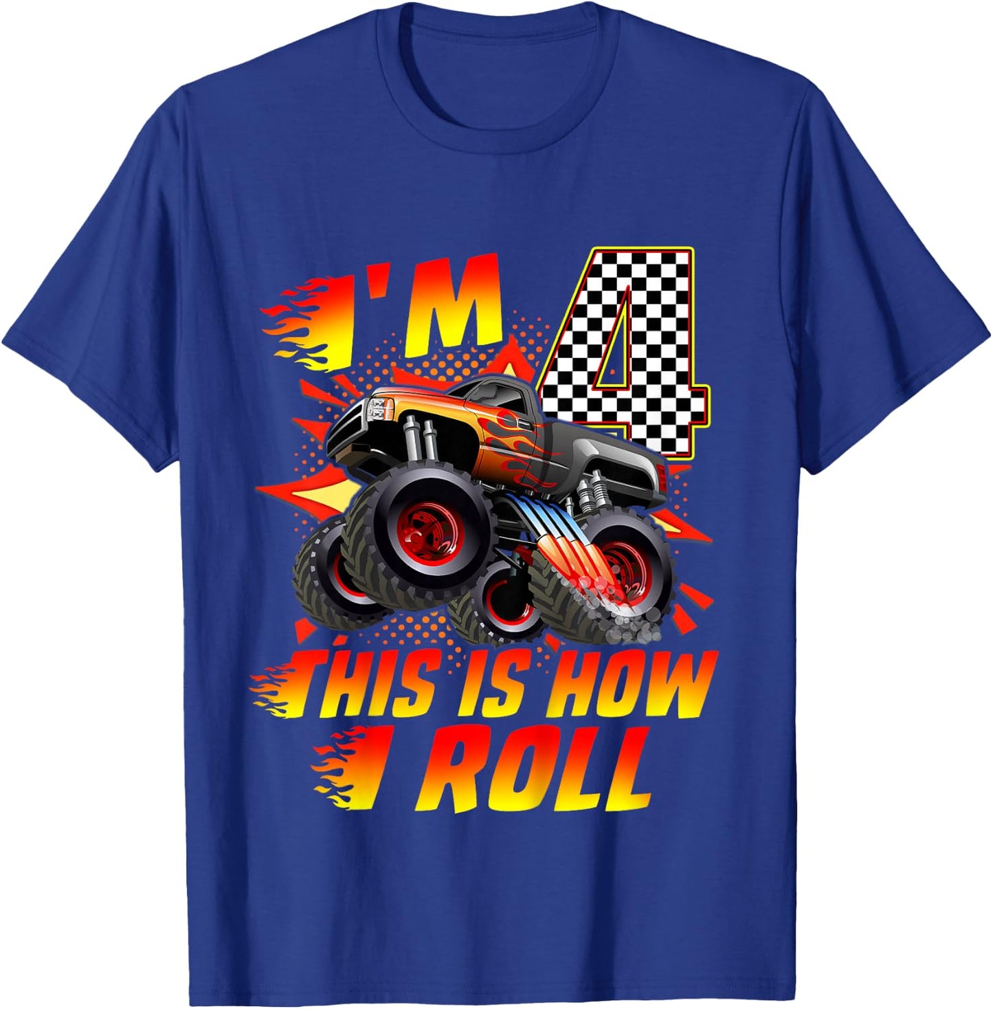 Kids I'm 4 This Is How I Roll Monster Truck Car 4th Birthday Boys T-Shirt - T-Shirt | Royal