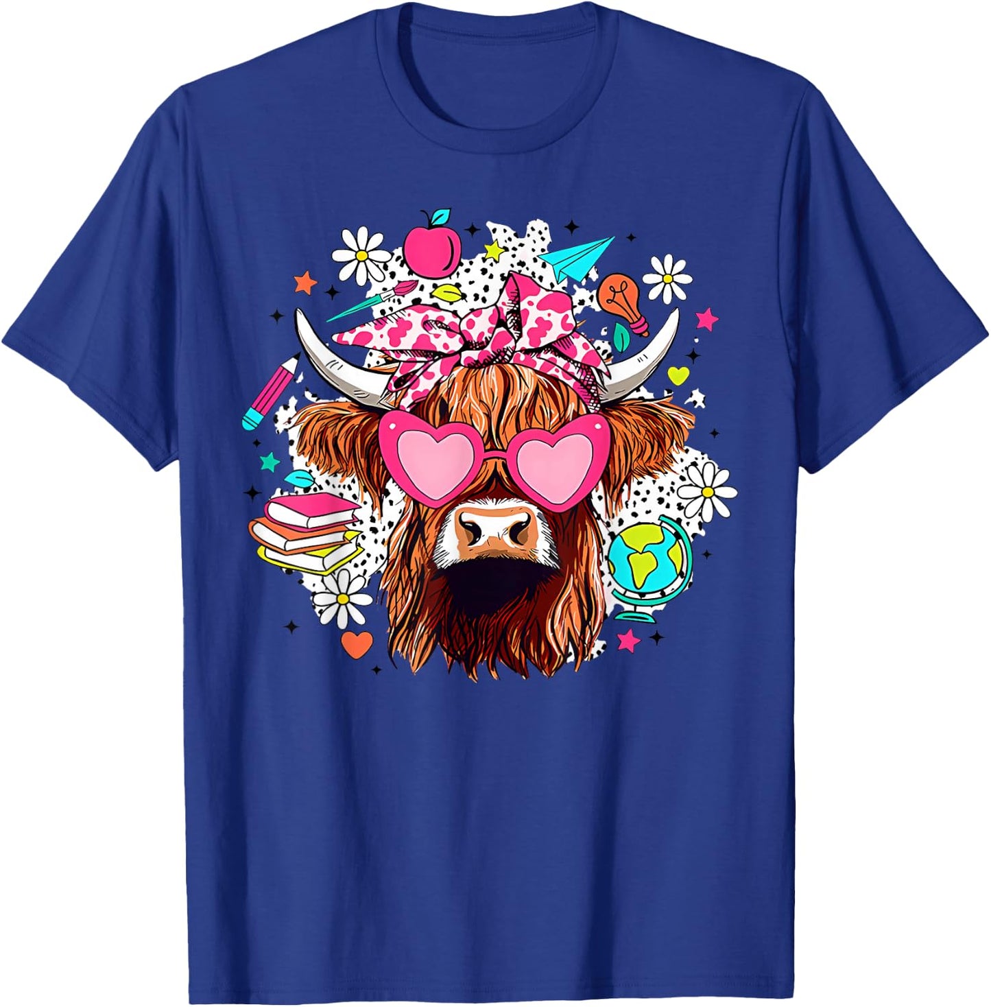 Retro Cute Highland Cow Teacher Bow Flower Heart Glasses T-Shirt - T-Shirt | Royal