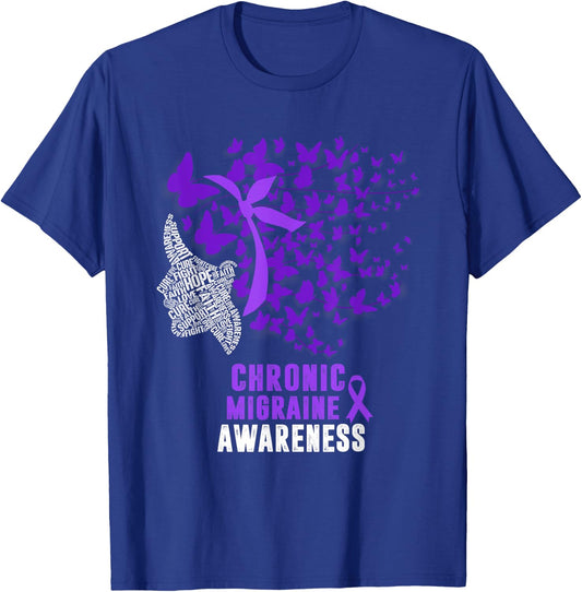 Chronic Migraine Awareness Month Butterfly Purple Ribbon T-Shirt - T-Shirt | Royal