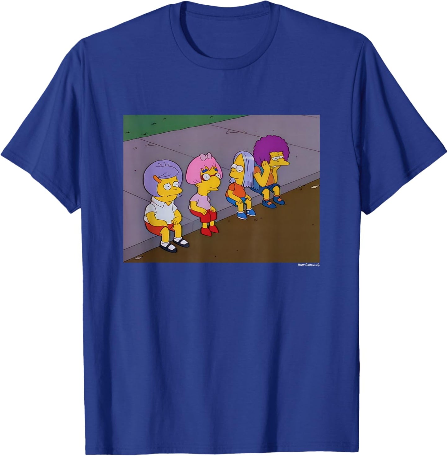 The Simpsons Iconic Characters Road Wigs Group Shot Logo T-Shirt - T-Shirt | Royal