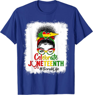 Proud Black Scrub Life Messy Bun Celebrate Juneteenth Afro T-Shirt - T-Shirt | Royal