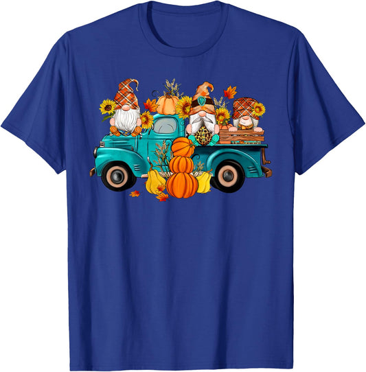 Cute Gnomes Truck Sunflower Pumpkin Fall Autumn Season T-Shirt - T-Shirt | Royal