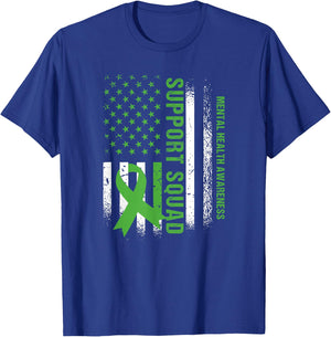 Support Mental Health Squad Awareness US flag Green Ribbon T-Shirt - T-Shirt | Royal