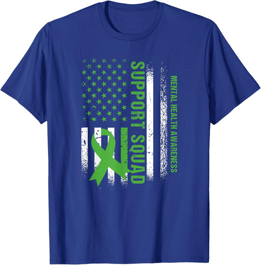 Support Mental Health Squad Awareness US flag Green Ribbon T-Shirt - T-Shirt | Royal
