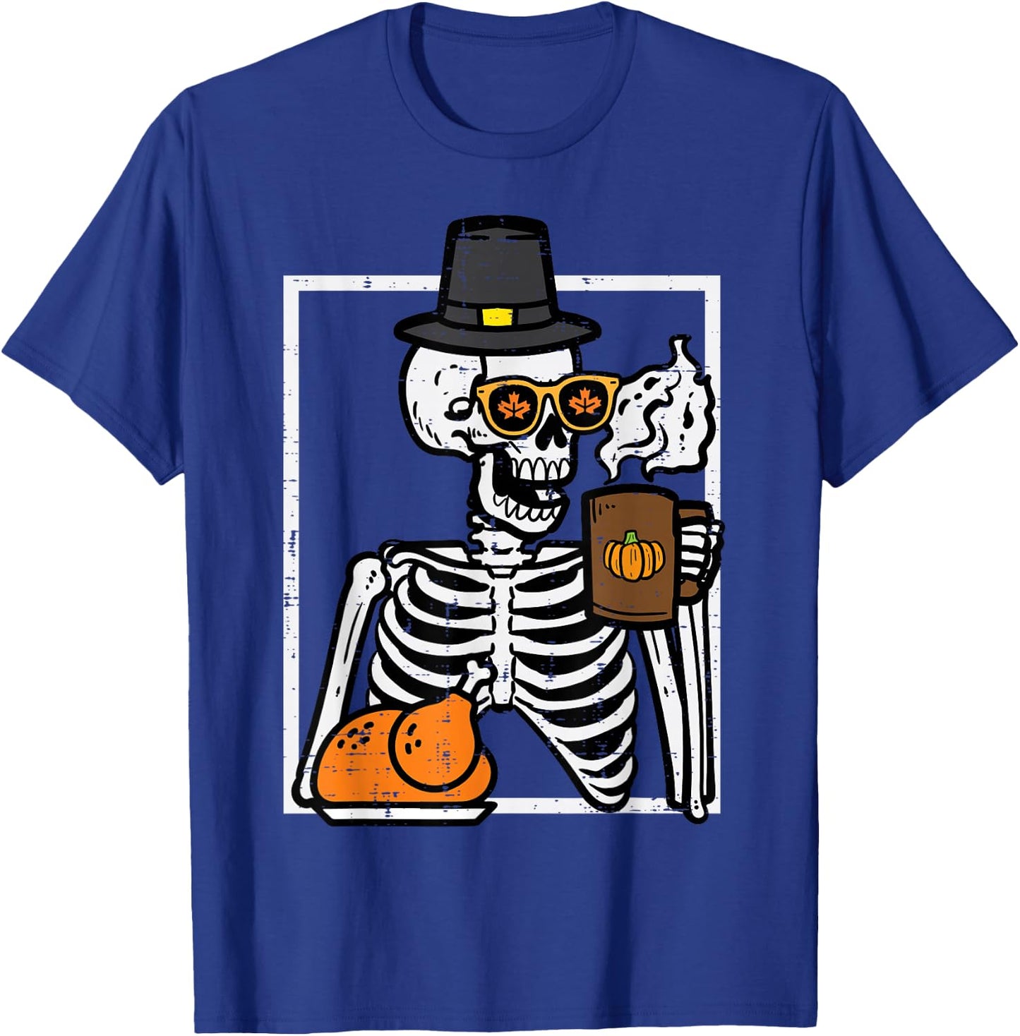 Thanksgiving Skeleton Coffee Funny Fall Men Women Kids T-Shirt - T-Shirt | Royal