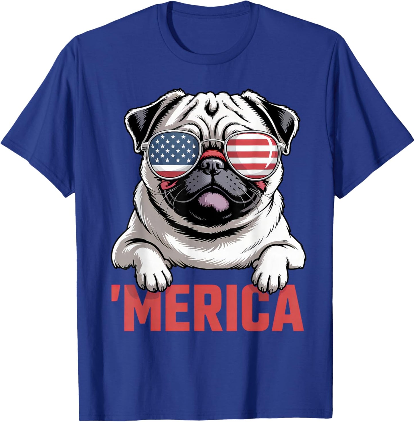 Merica Pug American Flag Patriotic USA Dog Lover Men Women T-Shirt - T-Shirt | Royal