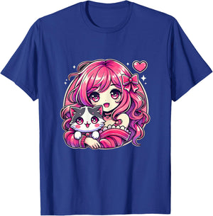 Anime Girl and Cat Kawaii Manga Girl T-Shirt - T-Shirt | Royal