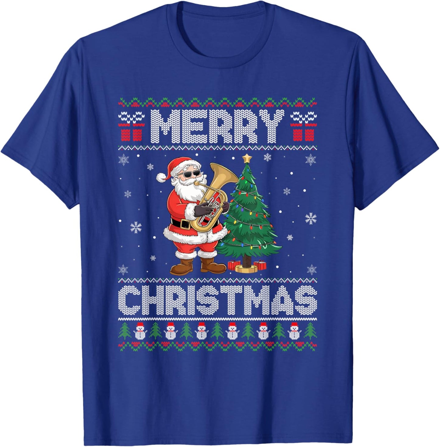 Santa Playing Tuba Men Women Kids Ugly Christmas T-Shirt - T-Shirt | Royal