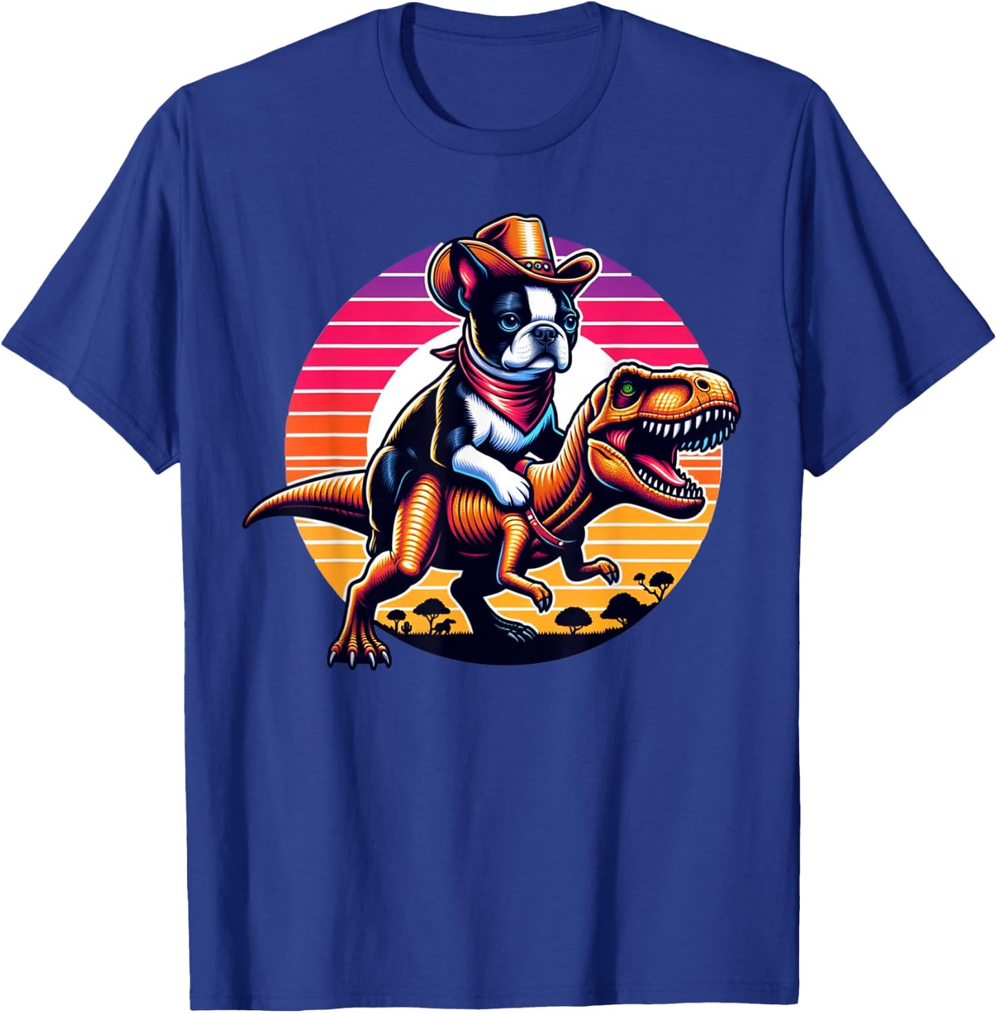 Boston Terrier Wearing A Cowboy Hat On T-Rex T-Shirt - T-Shirt | Royal