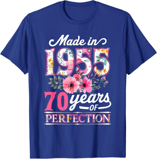 70 Year Old Made in 1955 Floral Flower 70th Birthday T-Shirt - T-Shirt | Royal
