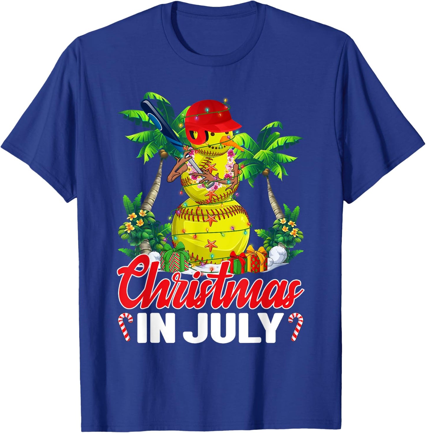 Funny Softball Santa Hat Hawaiian Christmas In July Summer T-Shirt - T-Shirt | Royal