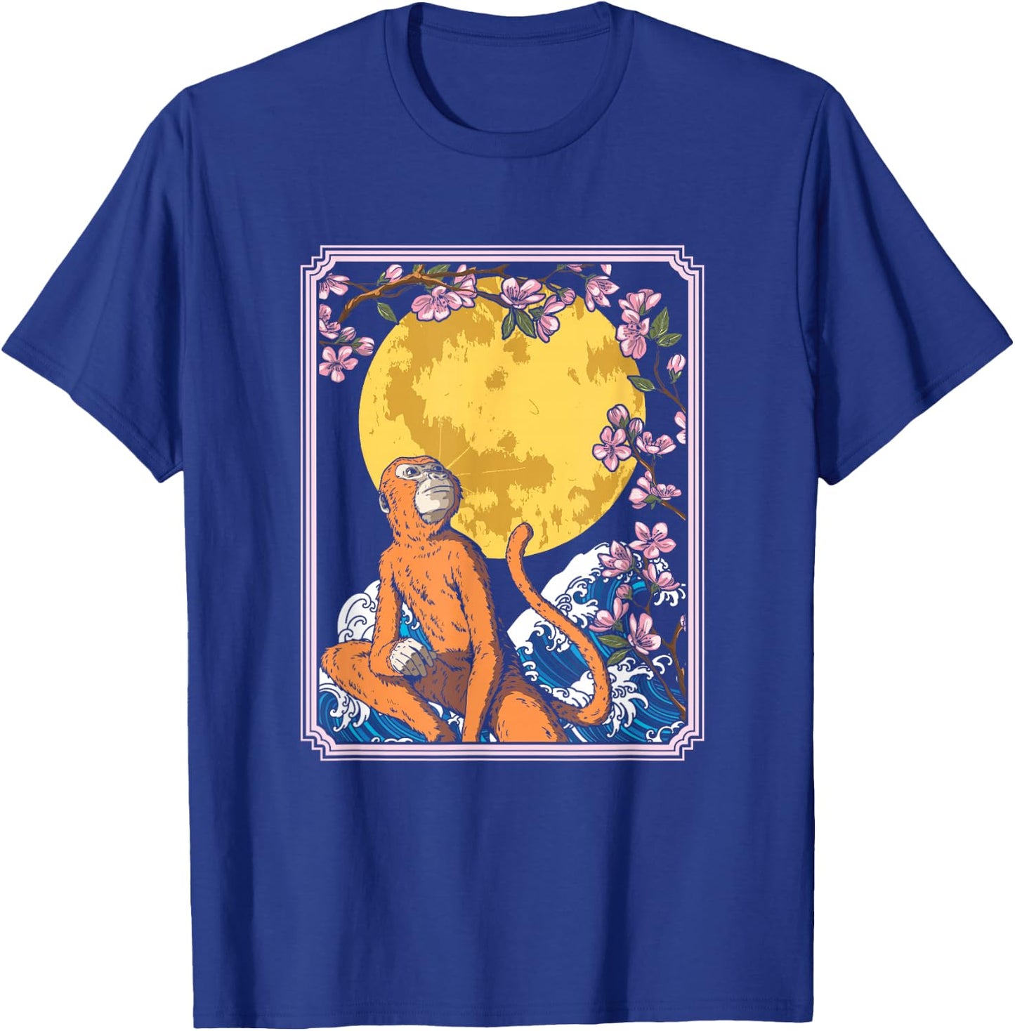 Japan Monkey Ape Animal - Primate Cherry Blossom Moon T-Shirt - T-Shirt | Royal
