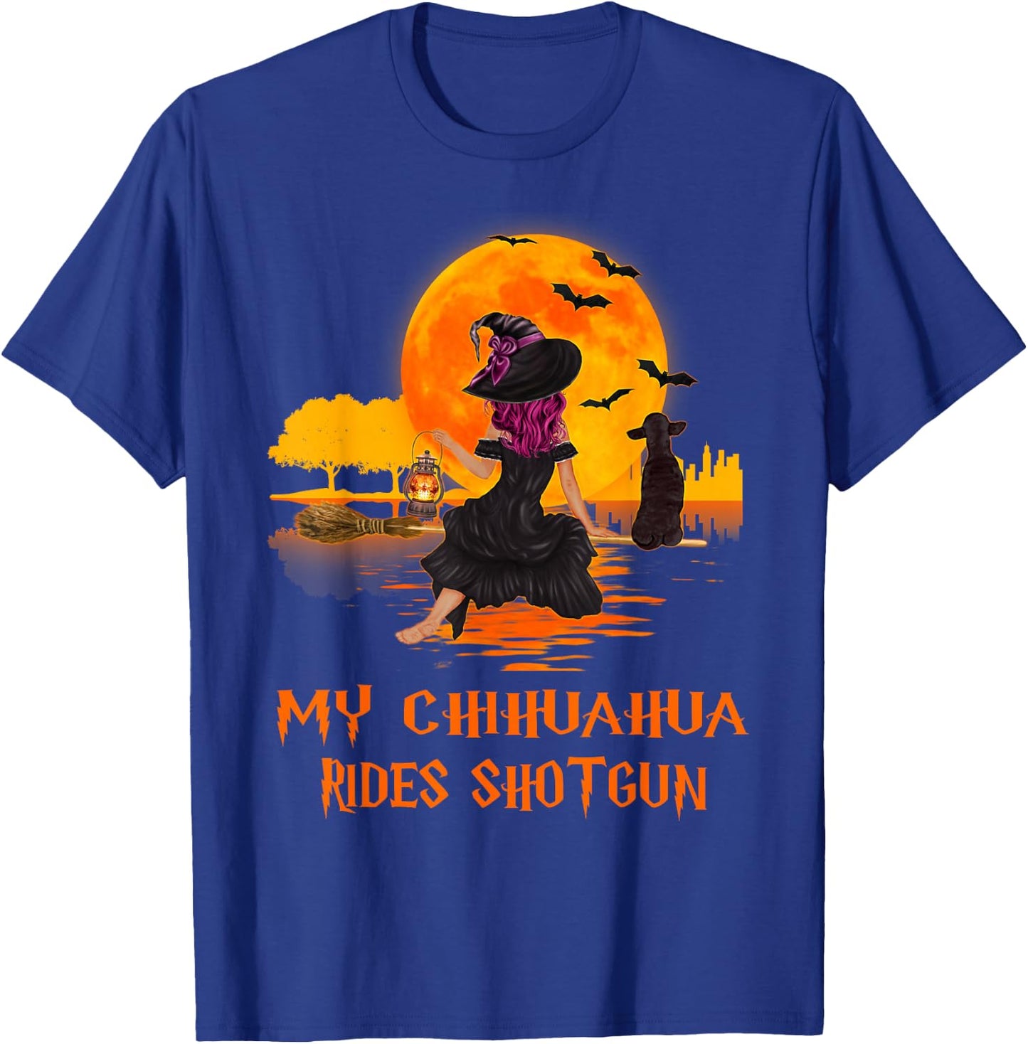 My Chihuahua Rides Shotgun Dog and Witch Funny Halloween Men Women Kids T-Shirt - T-Shirt | Royal