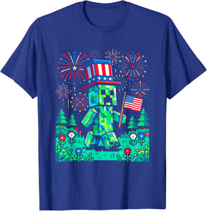 US Flag 4th of July Gamer Pixel Gaming Patriotic Boys Kids T-Shirt - T-Shirt | Royal