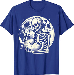 Skeleton Holding Cat Spooky Skull Halloween Gothic Kitty Women Kids T-Shirt - T-Shirt | Royal