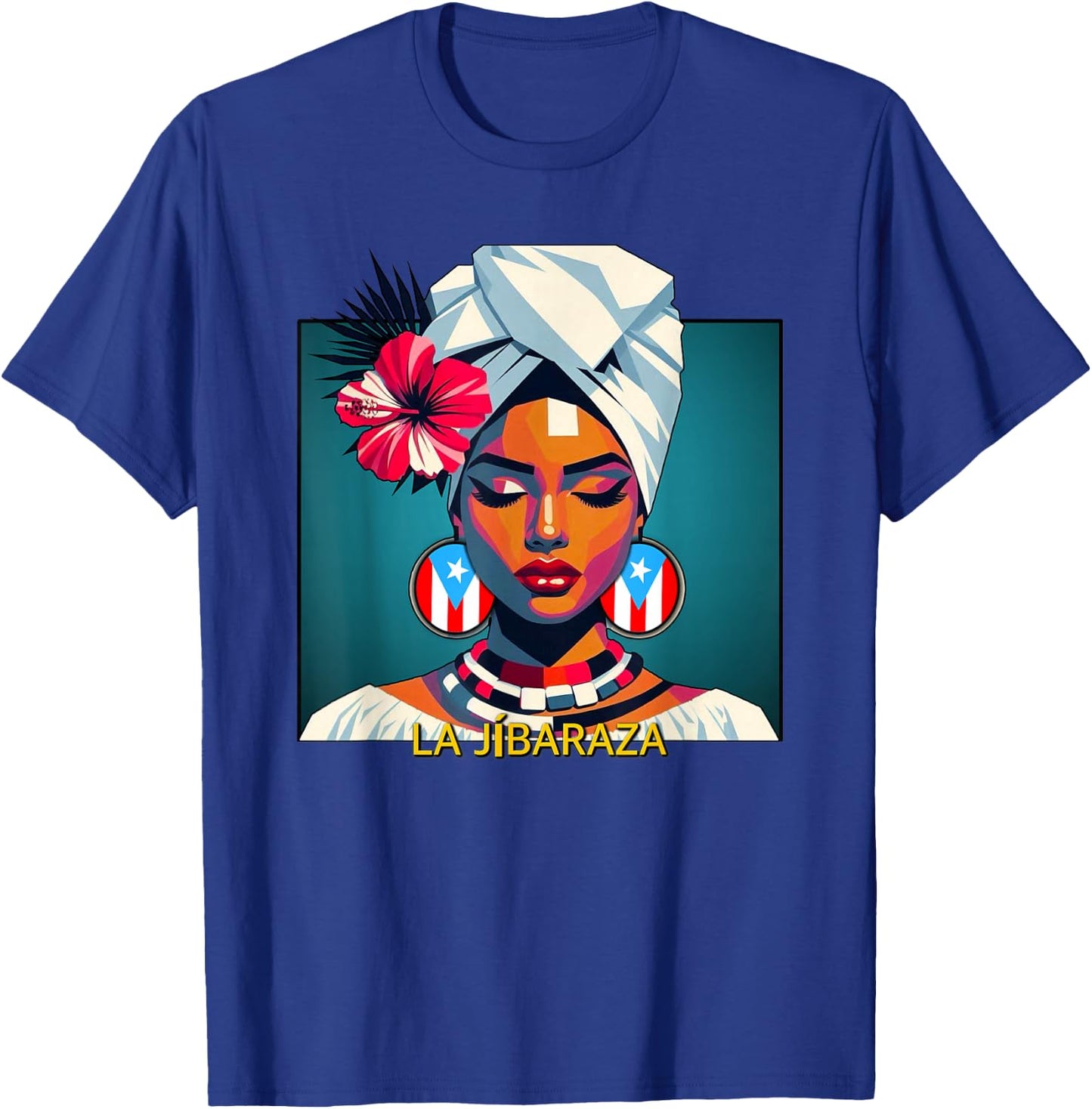 Jibaraza, Boricua Flag, Puerto Rican Jíbara Hibiscus Flower T-Shirt - T-Shirt | Royal