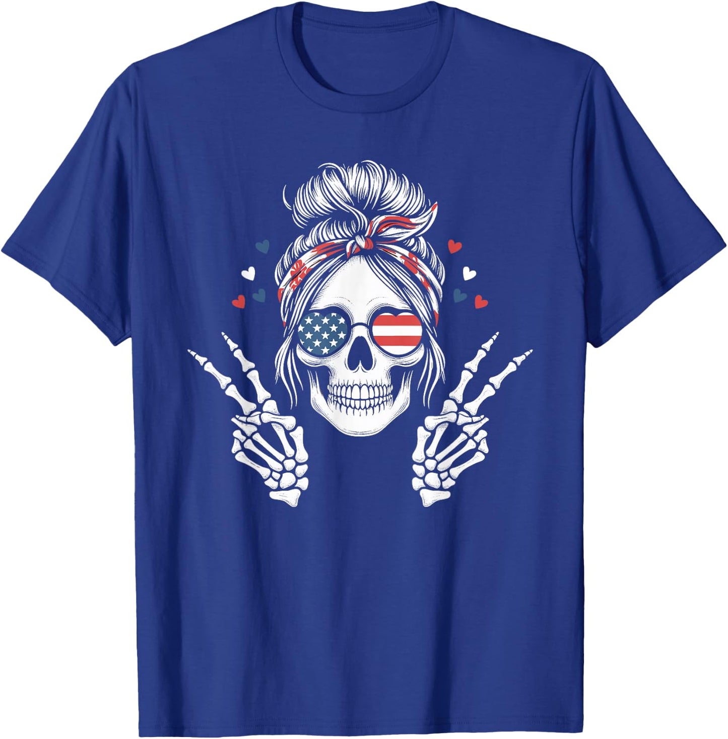 Patriotic American Flag Skull Messy Bun Peace USA 4th July T-Shirt - T-Shirt | Royal