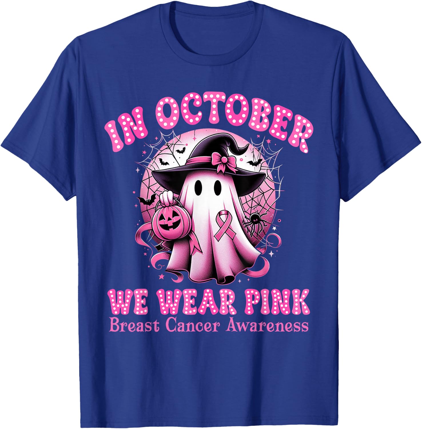 Breast Cancer In October We Wear Pink Witch Ghost Halloween T-Shirt - T-Shirt | Royal
