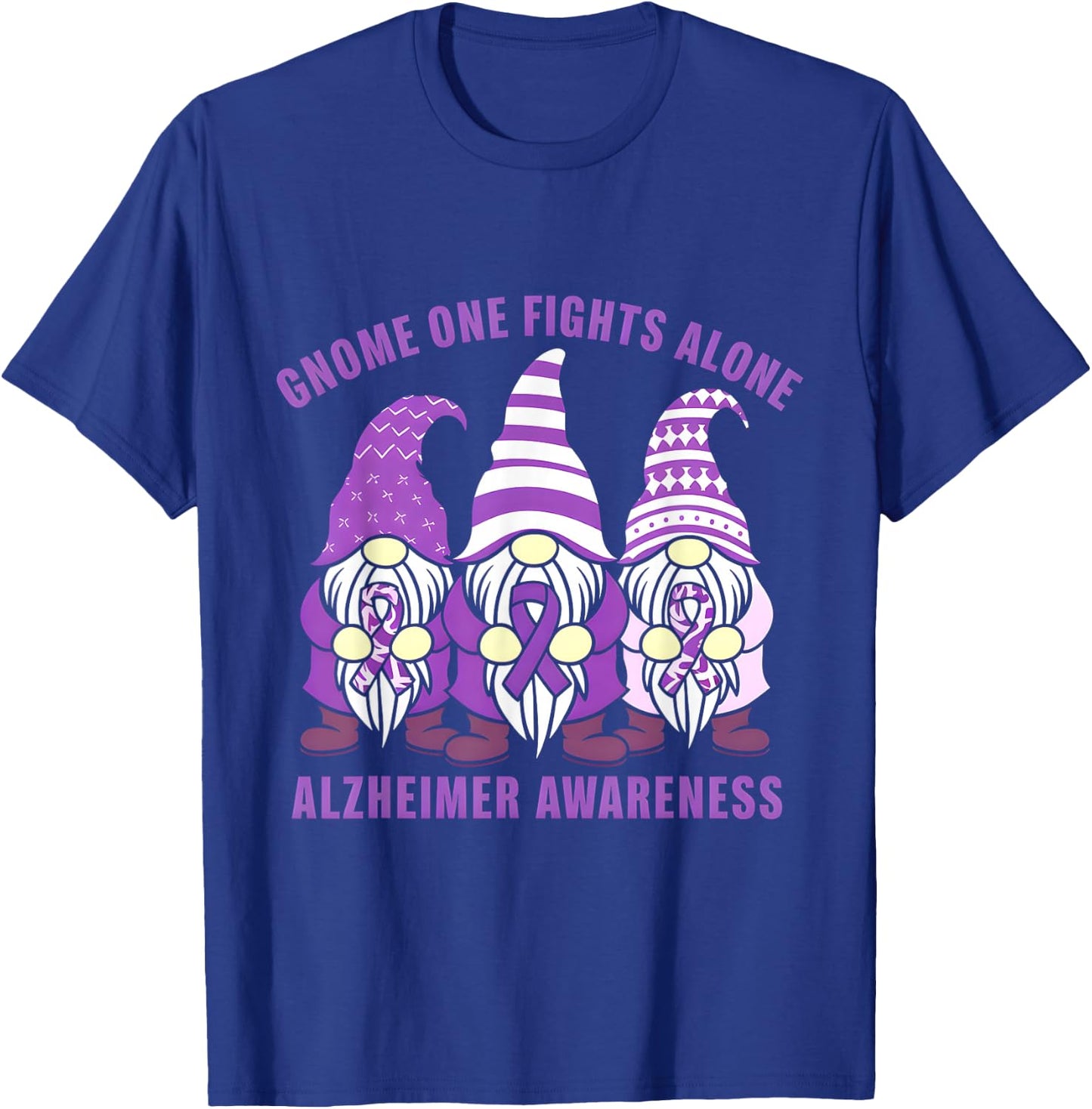 Gnome One Fights Alone Alzheimer Awareness Purple Ribbon T-Shirt - T-Shirt | Royal