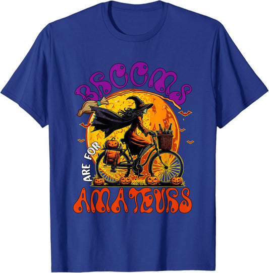 Brooms Are For Amateurs Halloween Witch Riding Bicycle T-Shirt - T-Shirt | Royal