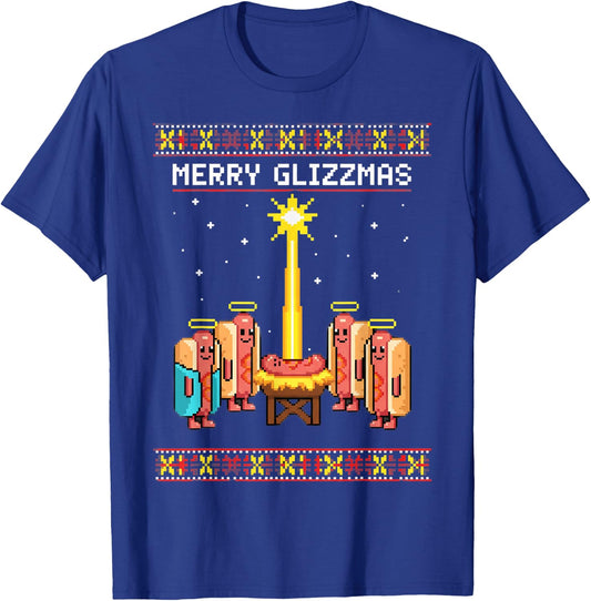 Dog Merry Glizzmas Retro Hotdog Squad Pixel Art T-Shirt - T-Shirt | Royal