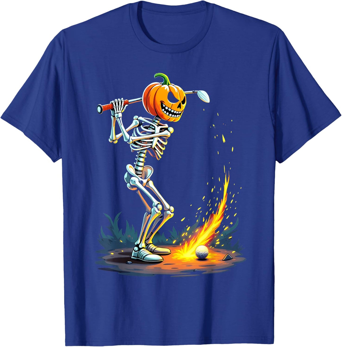 Pumpkin Head Skeleton Playing Golf Fireball T-Shirt - T-Shirt | Royal