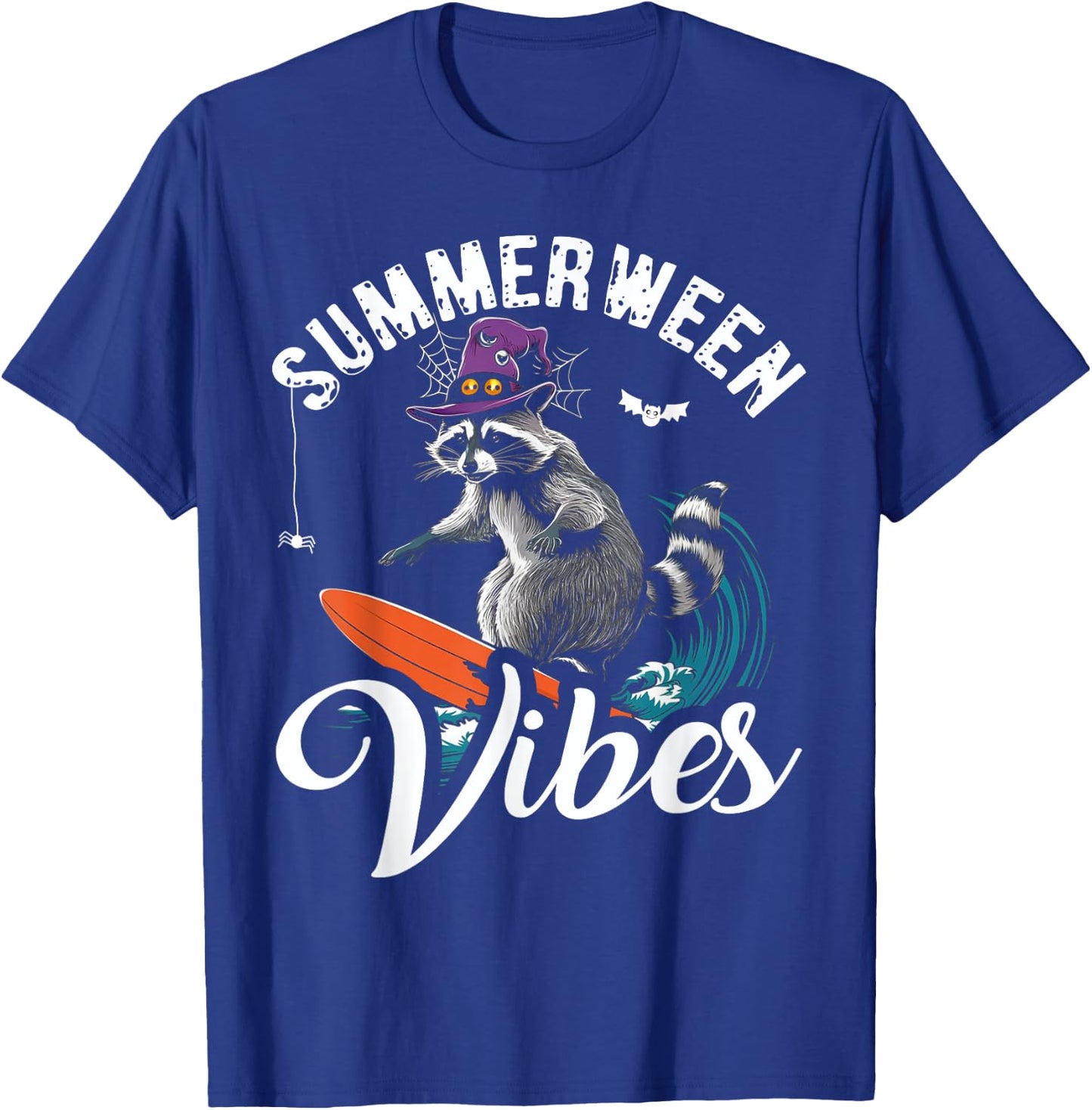Summerween Vibes Raccoon Surfing Summer Halloween Vacation T-Shirt - T-Shirt | Royal