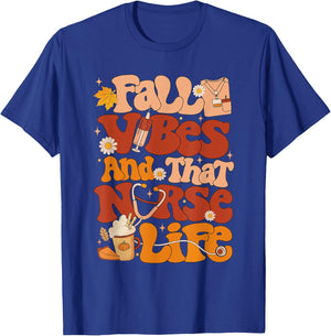 Retro Fall Vibes and That Nurse Life Thanksgiving Nurse Fall T-Shirt - T-Shirt | Royal