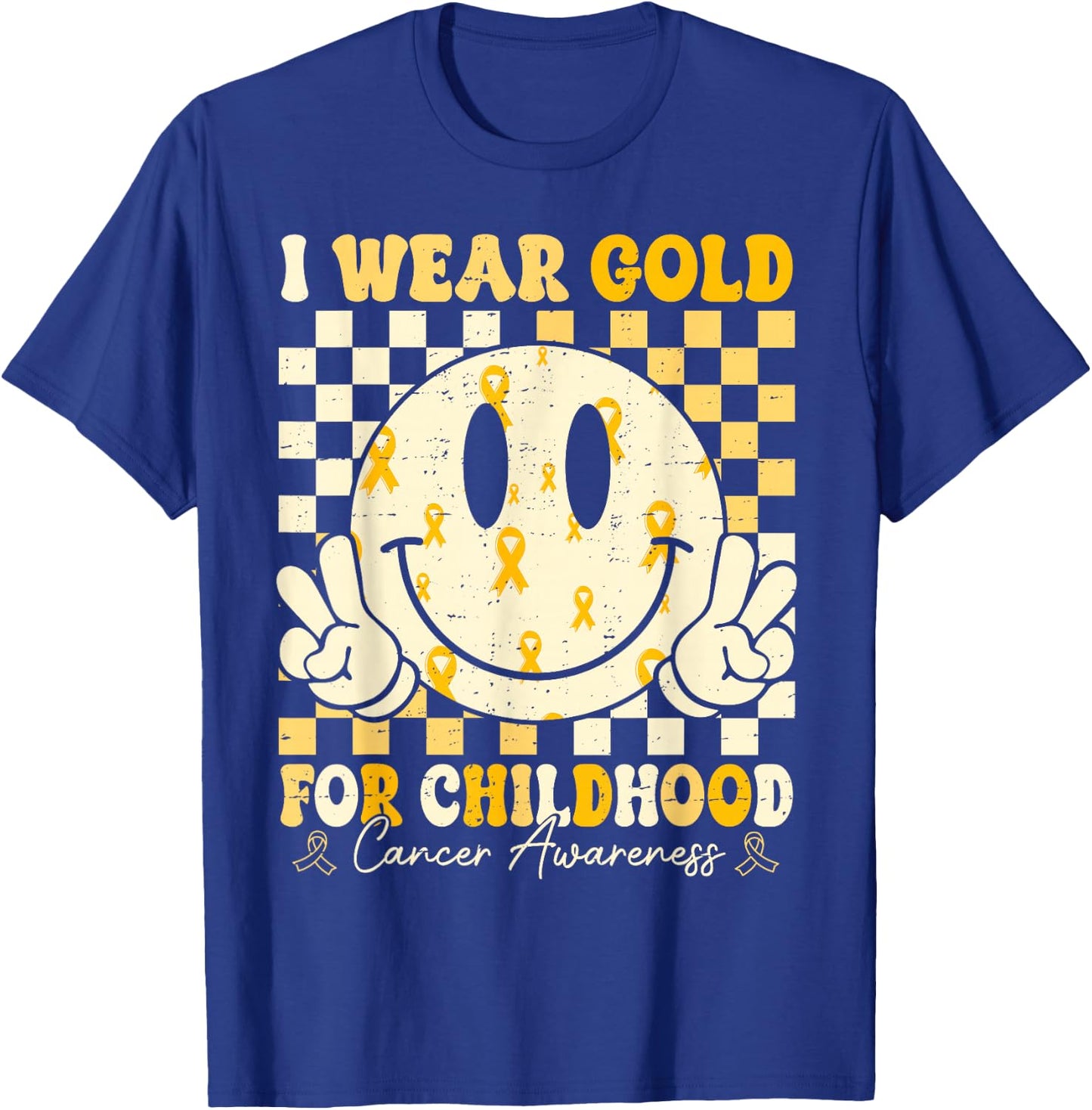 Retro I Wear Gold For Childhood Cancer Awareness Gold Ribbon T-Shirt - T-Shirt | Royal