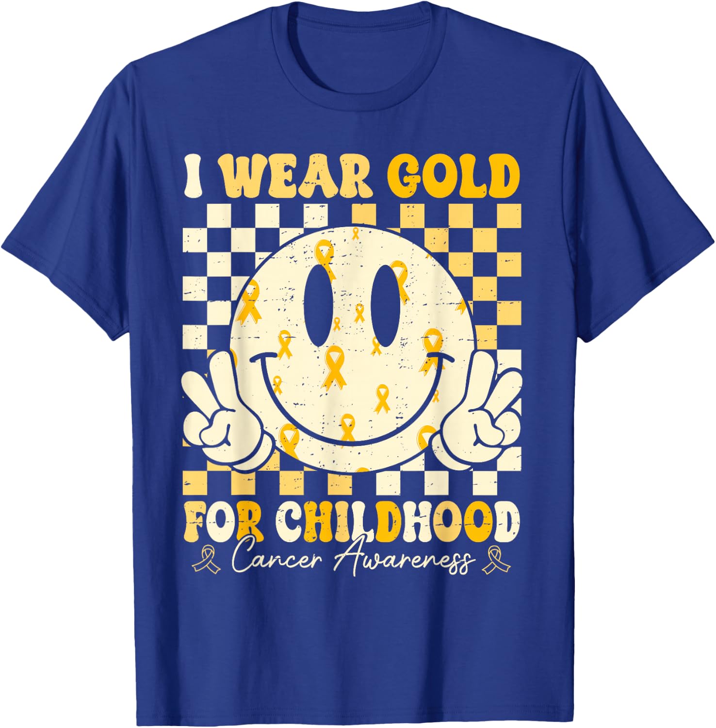 Retro I Wear Gold For Childhood Cancer Awareness Gold Ribbon T-Shirt - T-Shirt | Royal