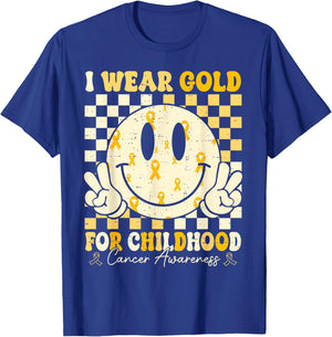 Retro I Wear Gold For Childhood Cancer Awareness Gold Ribbon T-Shirt - T-Shirt | Royal